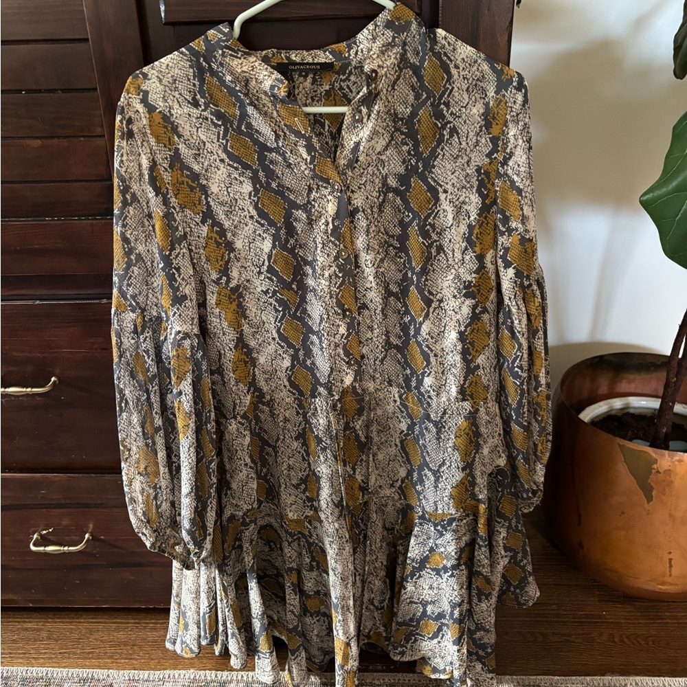Flowy Snake-Print Blouse/Dress in Mustard and Gray